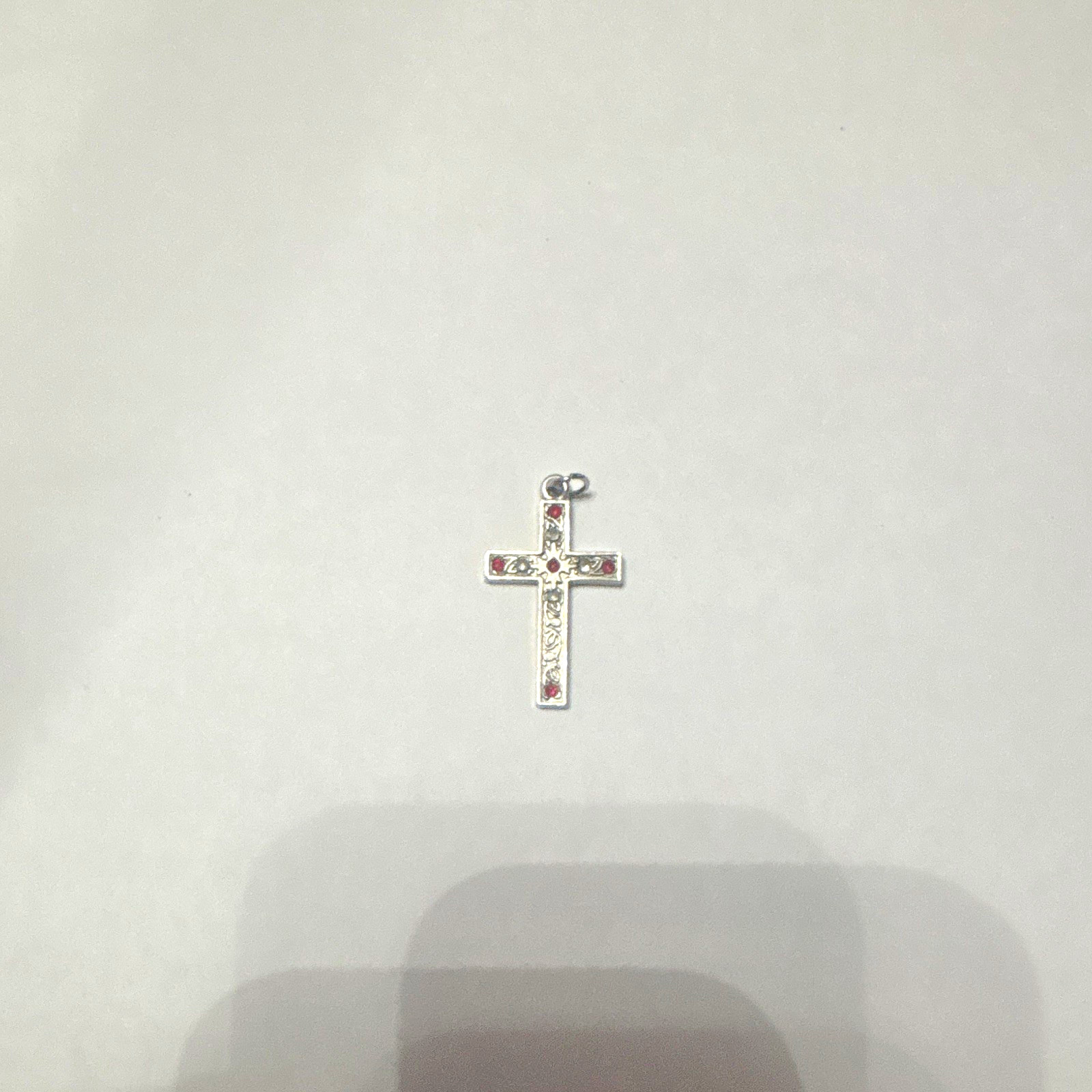 Silver Tone Cross Charm Pendant, Red & Clear Rhinestones, Religious Theme