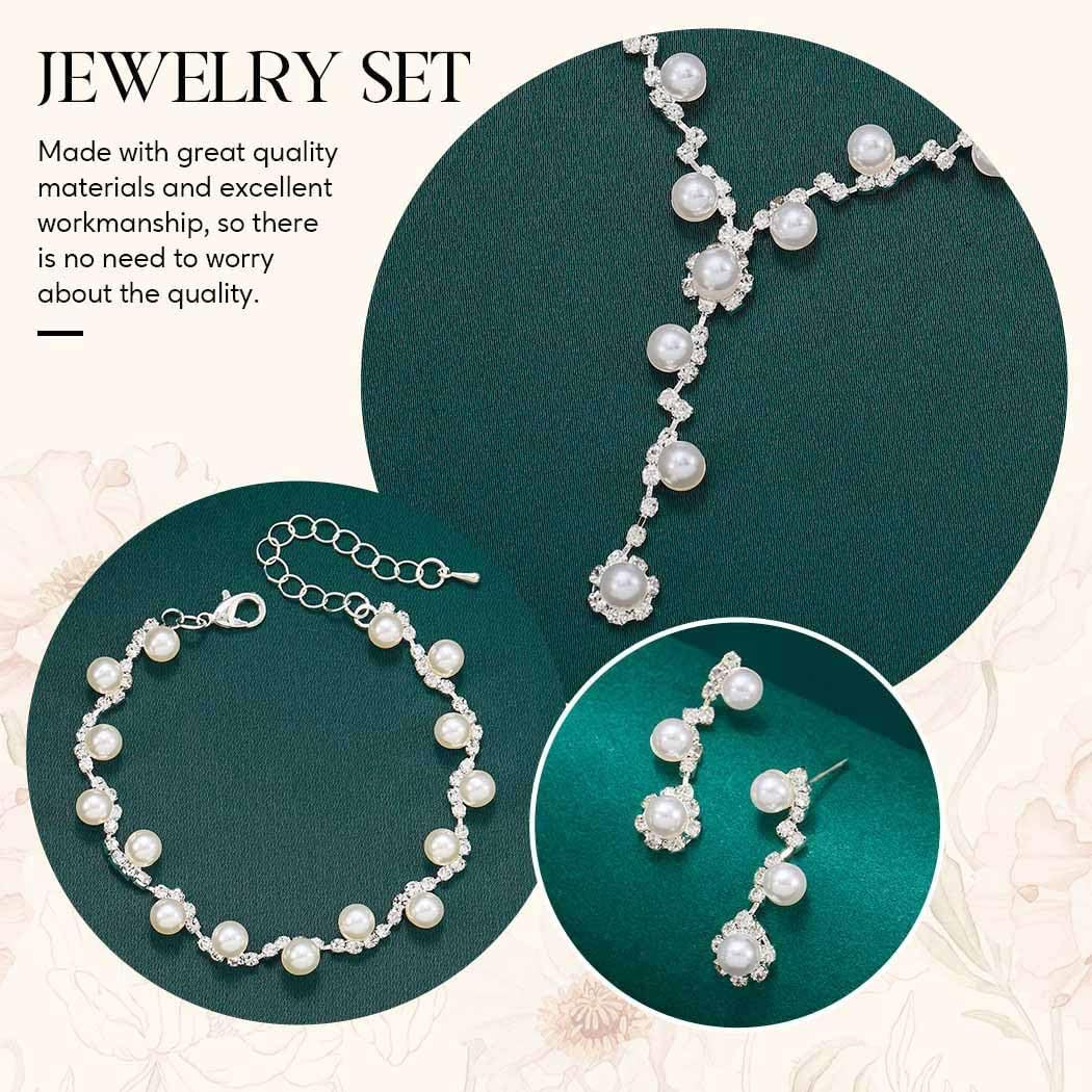 Silver Pearl Bridal Wedding Jewelry Set Rhinestone Necklace Earrings Bracelet Se