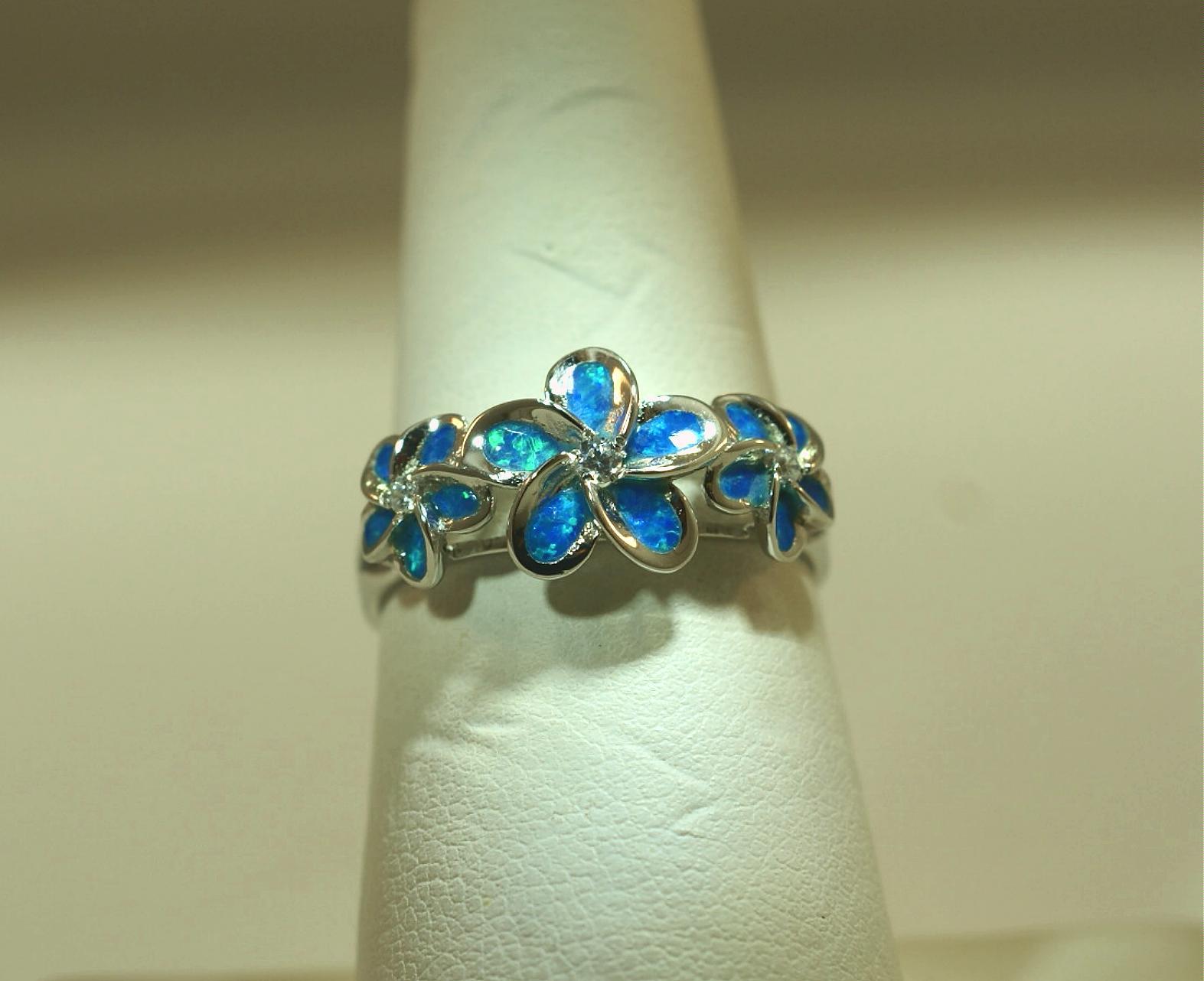 10/7MM HAWAIIAN RHODIUM 925 SILVER INLAID OPAL GRADUATED PLUMERIA CZ RING 5-10