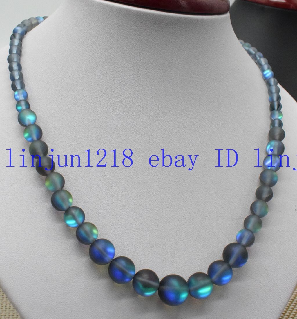 6-12mm gray Gleamy Rainbow Moonstone Round Gemstone Necklace18”925 Silver Clasp