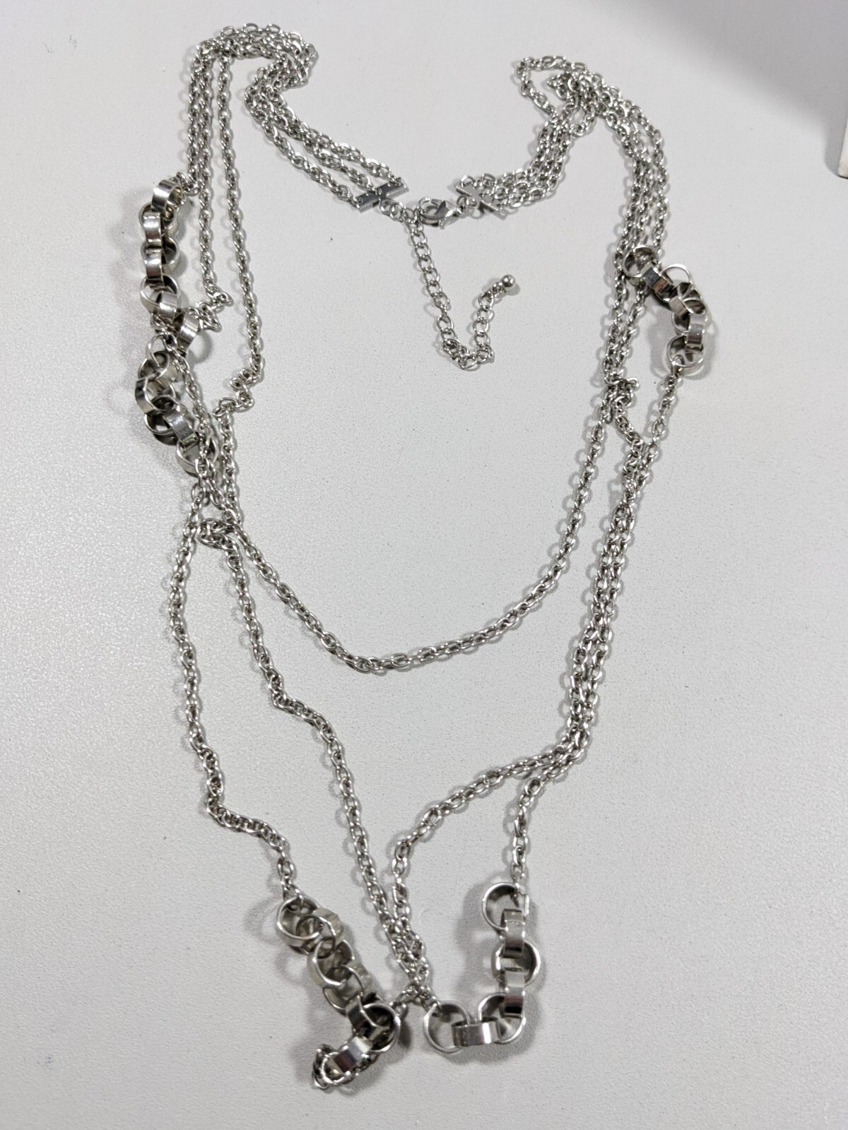Silver Tone Open Circle Chain Accent Multi Strand Long Necklace 27 inch
