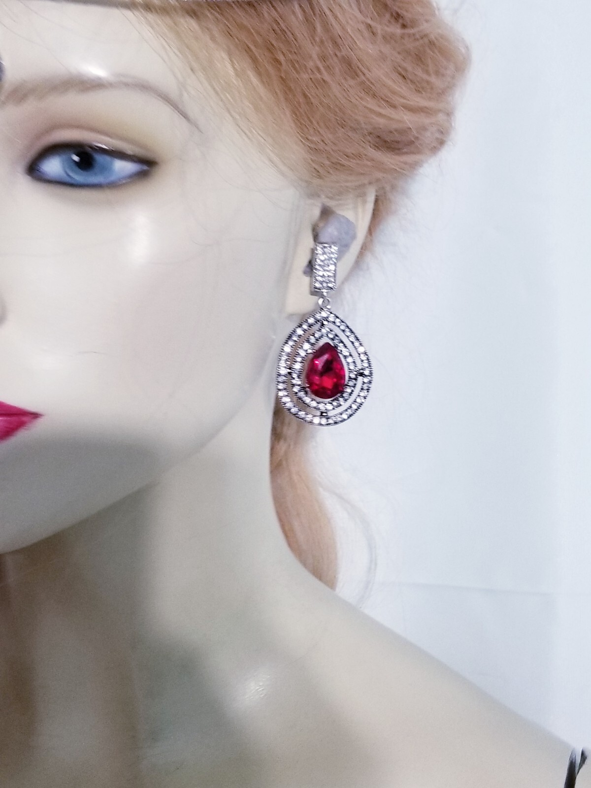 Bridesmaid Drop Dangle Chandelier Earrings 2.4 in Red Rhinestone Pageant Prom