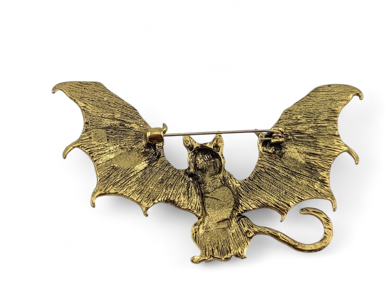 DEMON KITTY BROOCH large goldtone devil cat vampire bat wings halloween pin Z4