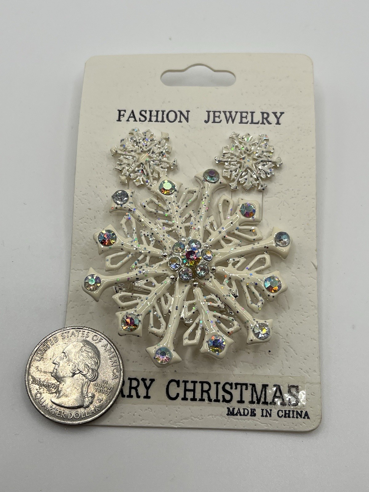 Merry Christmas Snowflake Matching Brooch Lapel Stud Earrings Set White