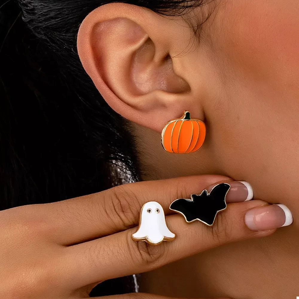 Halloween Earrings Set 3 Pairs Pumpkin Ghost Bat Stud Women Gold-Tone Gift