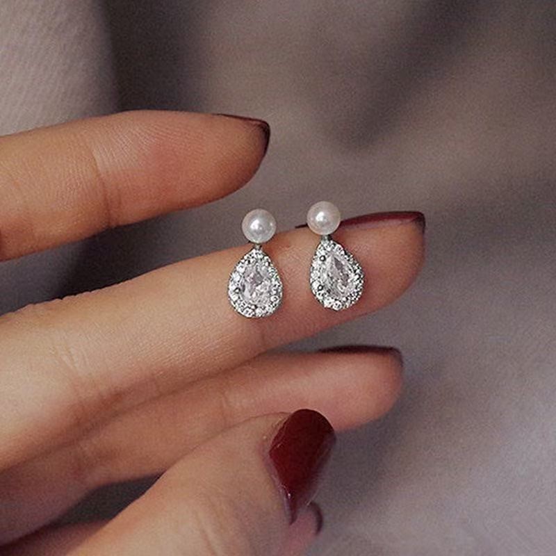 Fashion Women White Gold Plated CZ Sparkling Pearl Cute Earring Stud