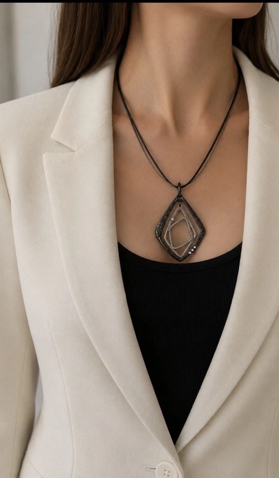 Chico’s Two-Tone Geometric Diamond Pendant Multi-Strand Cord Necklace Rhinestone