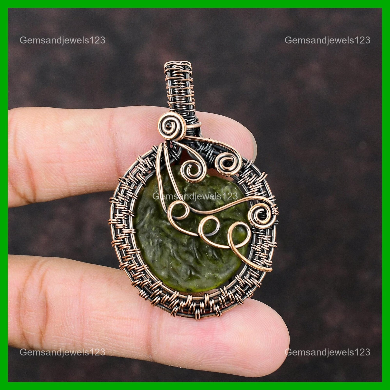 Copper Round Moldavite Gemstone Mother Wire Wrapped Artisan Engagement Pendant