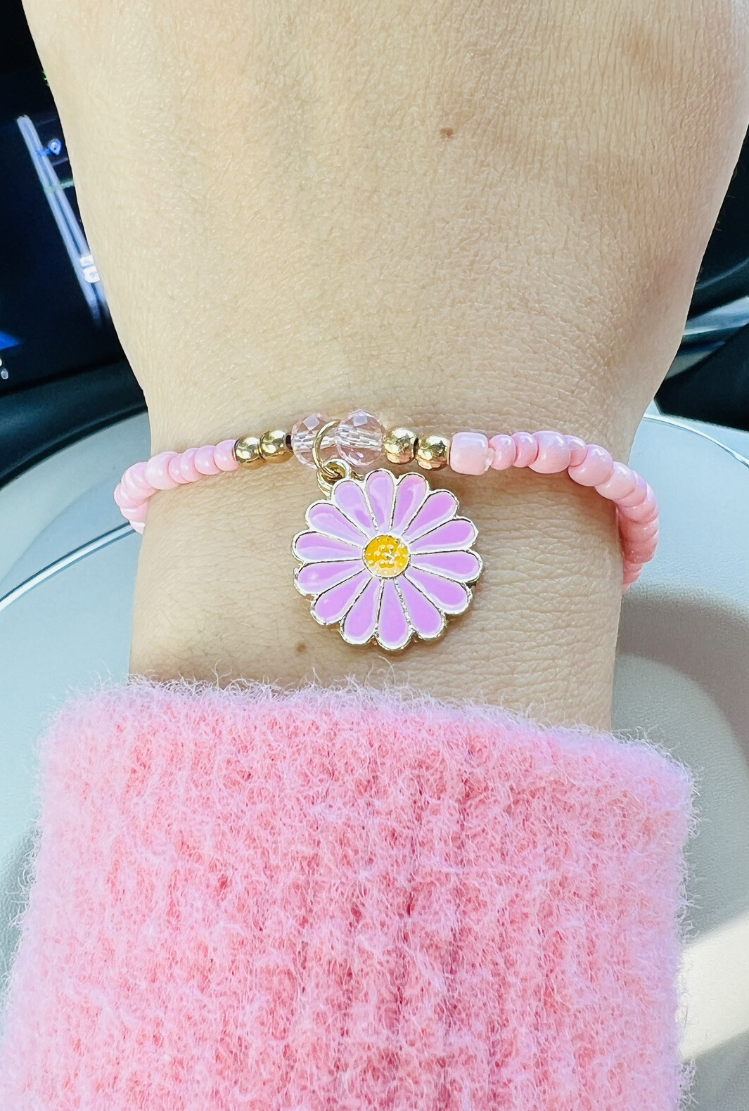 Daisy Flower Charm Bracelet, Elastic, Glass Beaded For Women, Girls, Teen