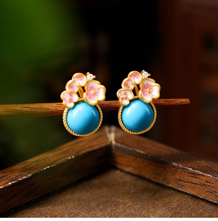 Bohemian Turquoise Gemstone Stud Earrings – Dainty Flower Shape 18K Gold Plated