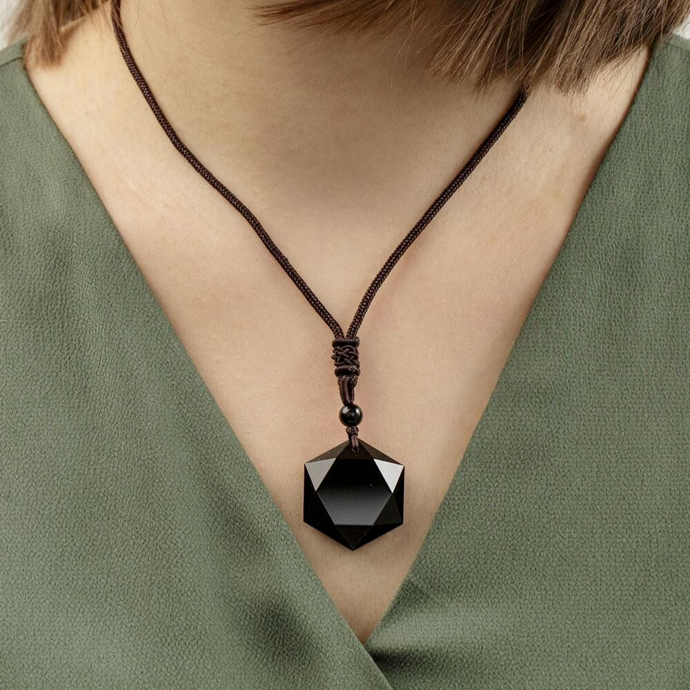 Black Obsidian Hexagonal Amulet Pendant Necklace – Reiki Healing Protection
