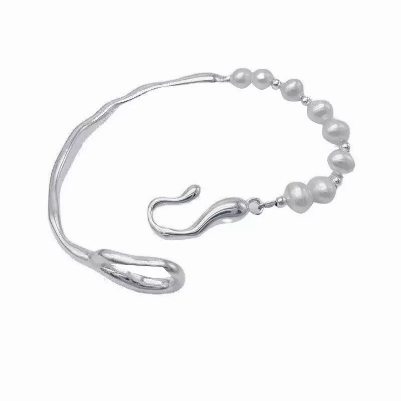 Pearl Open Cuff Bracelet Irregular Wave Bangle Asymmetrical Pearl Bracelet 008