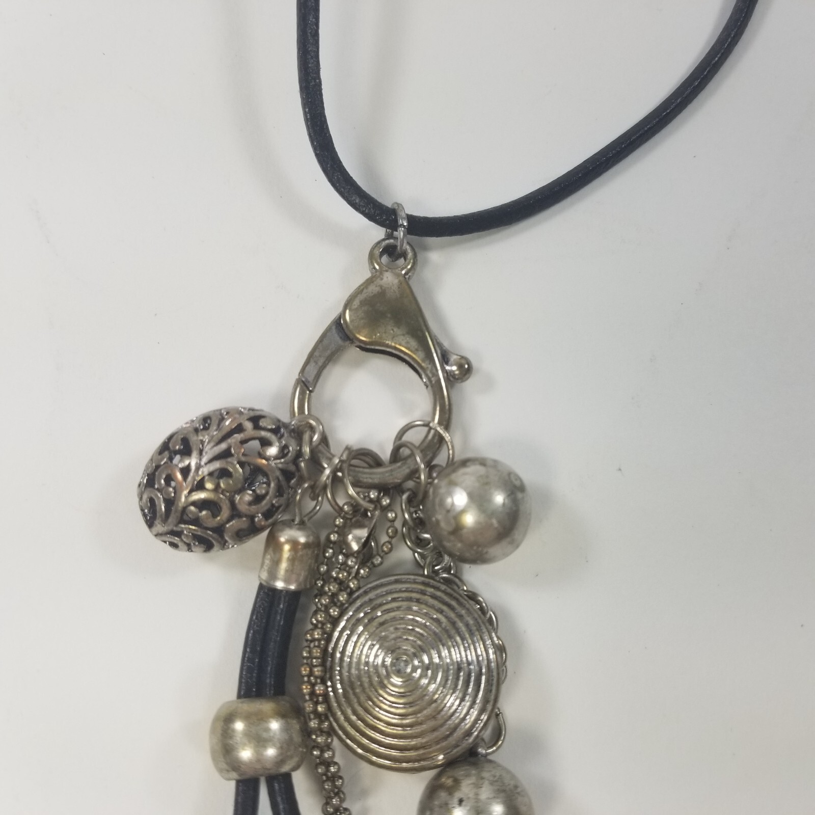 Flower Dangle Ornate Pendant Charms Necklace Silver Tone Black Cord 32-34″