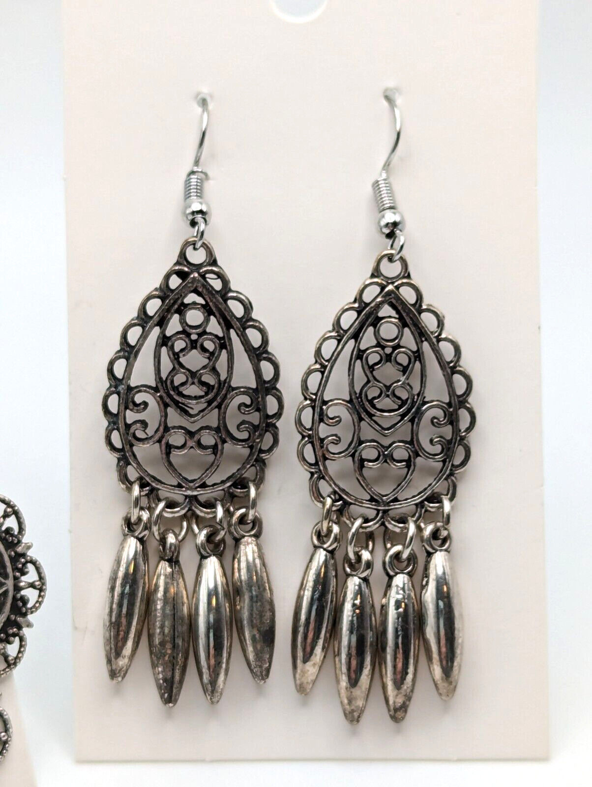 2 Pair Boho Filagree Styke Earrings Silver Tone Dangle Light Weight 2″ Long