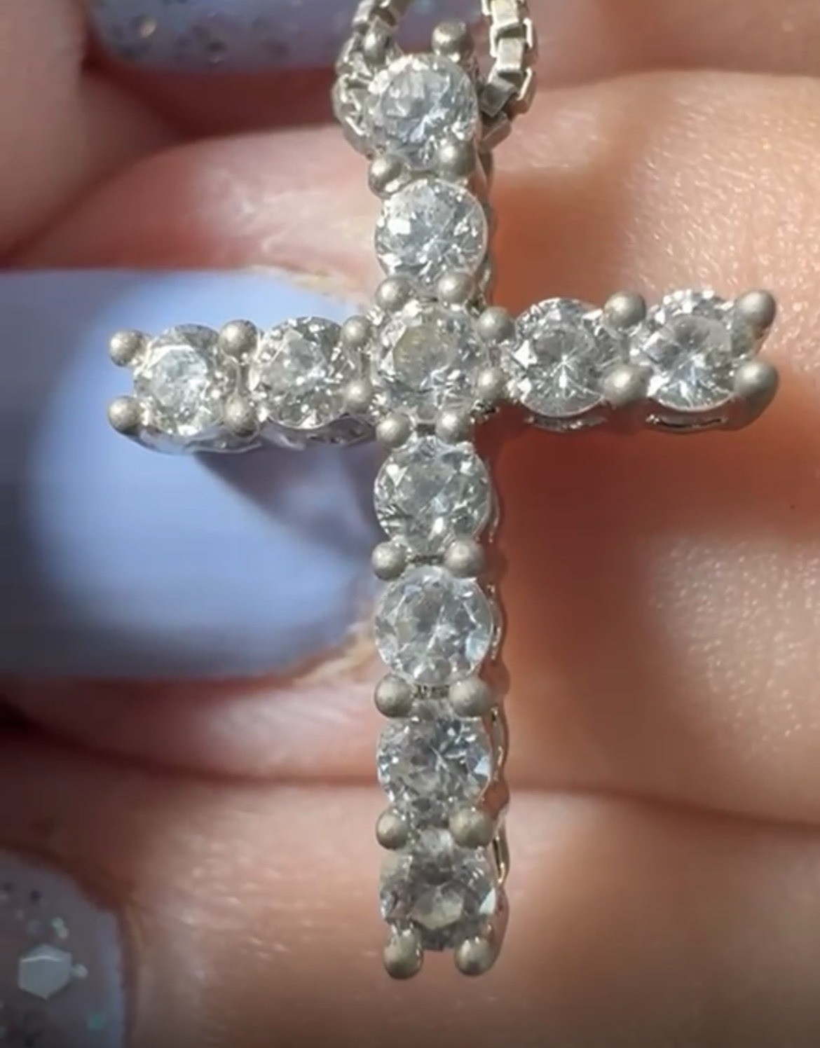 925 Sterling Silver Cross Charm Pendant Necklace White Stones Box Chain Signed