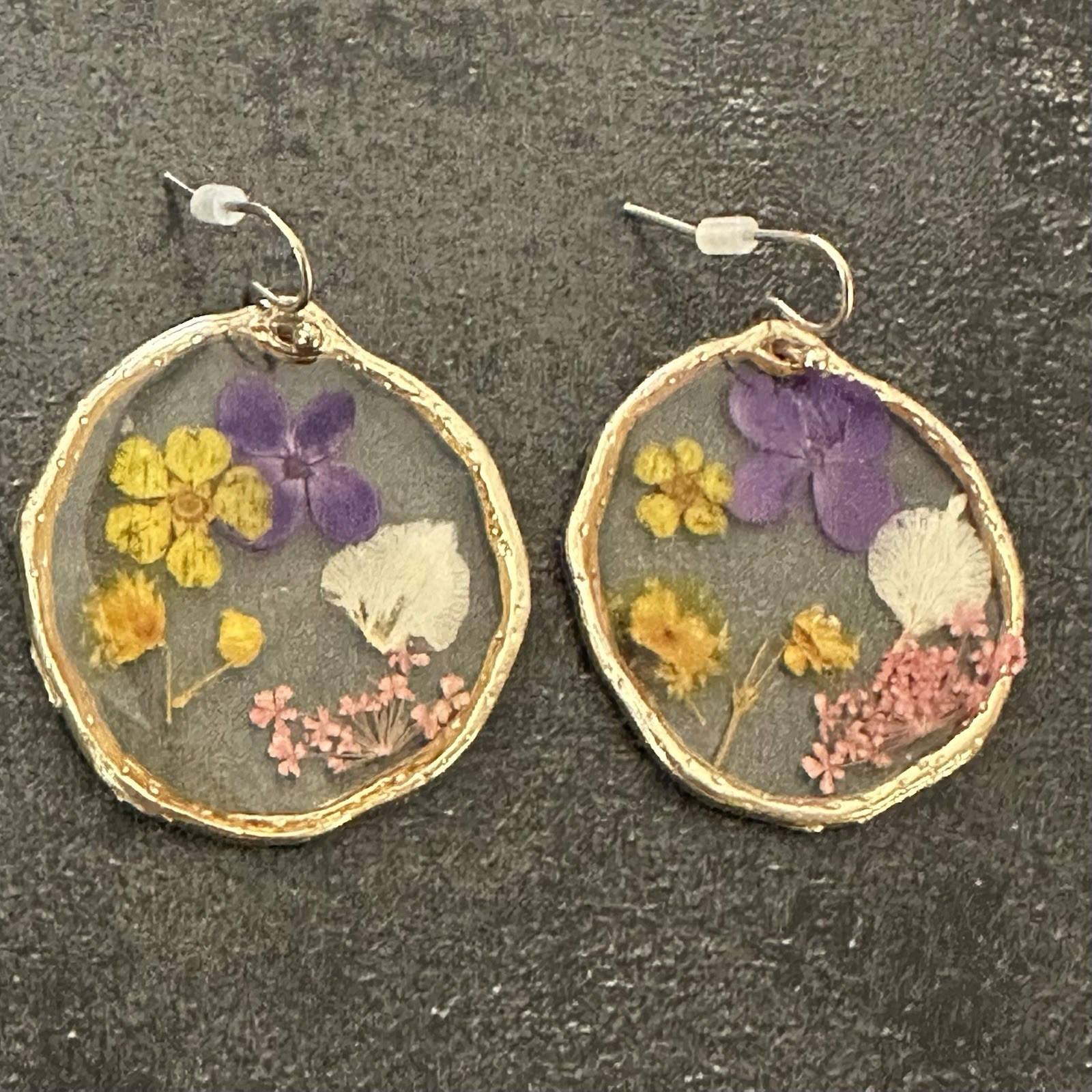 Real Pressed Flower Botanical Dangle Earrings Clear Resin Gold Plated