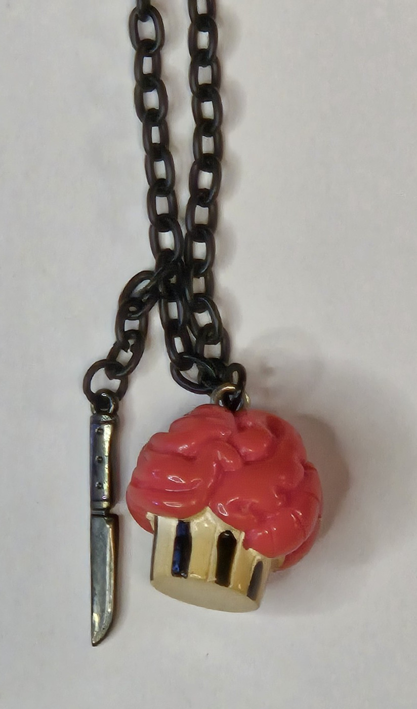 Sourpuss Necklace Brain Cupcake with Knife 10 in Chain