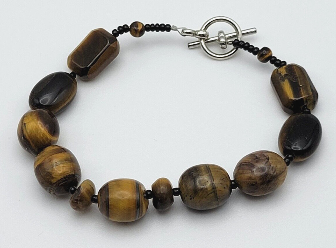 Brown Tiger’s Eye Beaded Toggle Bracelet 8 Inch Silver Plated Boho Unisex Adults