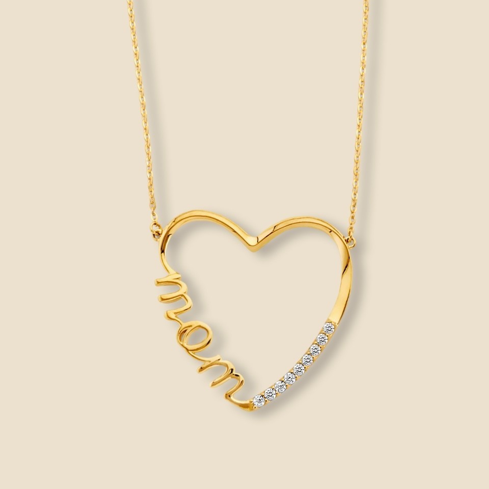 14K Two Tone Gold Mom CZ Open Heart Necklace Pendant 2.4g Stamped