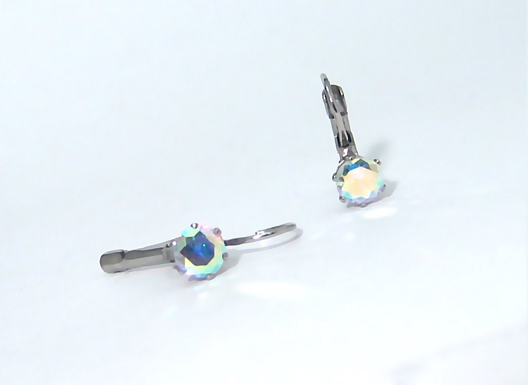 Aurora Borealis Lever Back Earrings Hypoallergenic Surgical Steel 6 mm