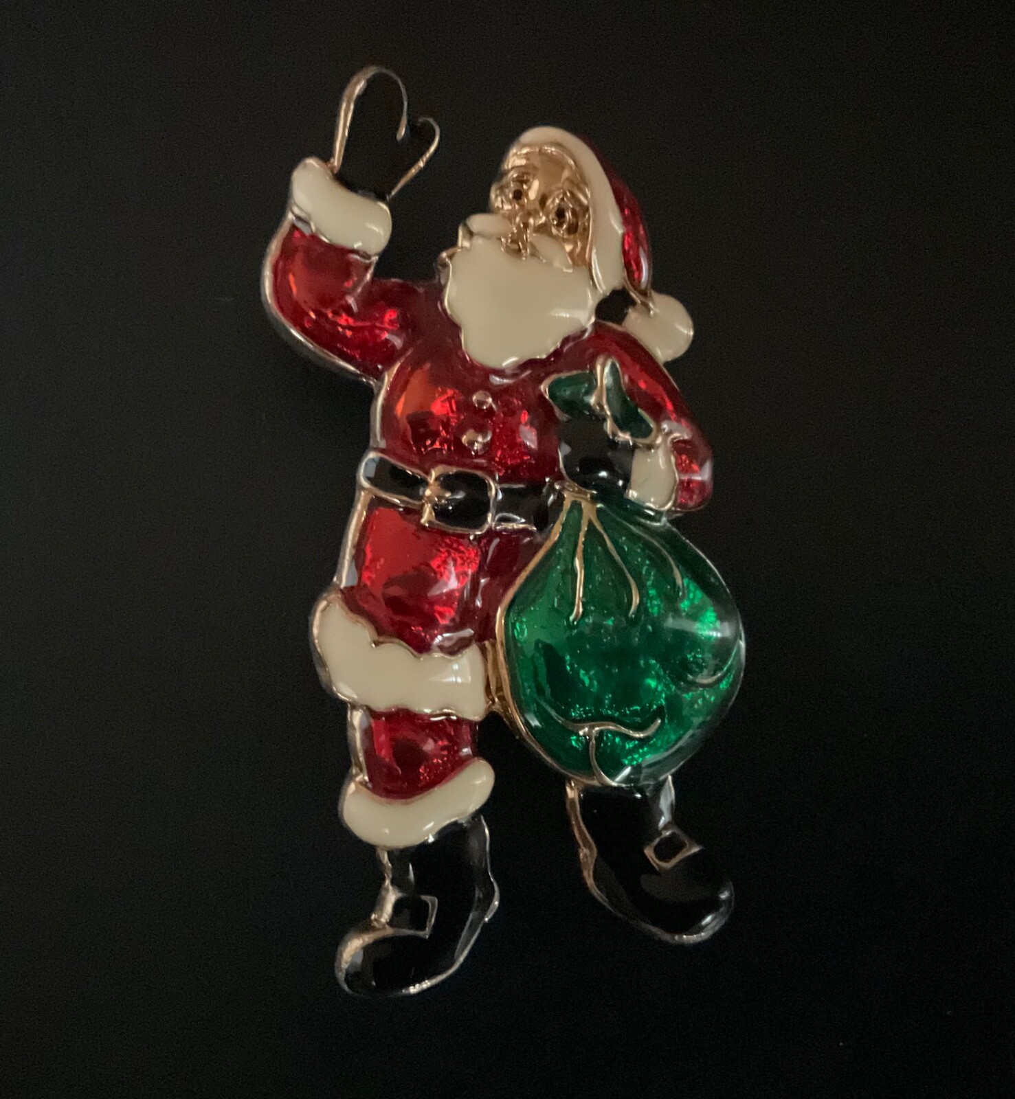 Waving Santa Claus with Bag Pin Gold Tone & Enamel Vintage 2.25” Tall