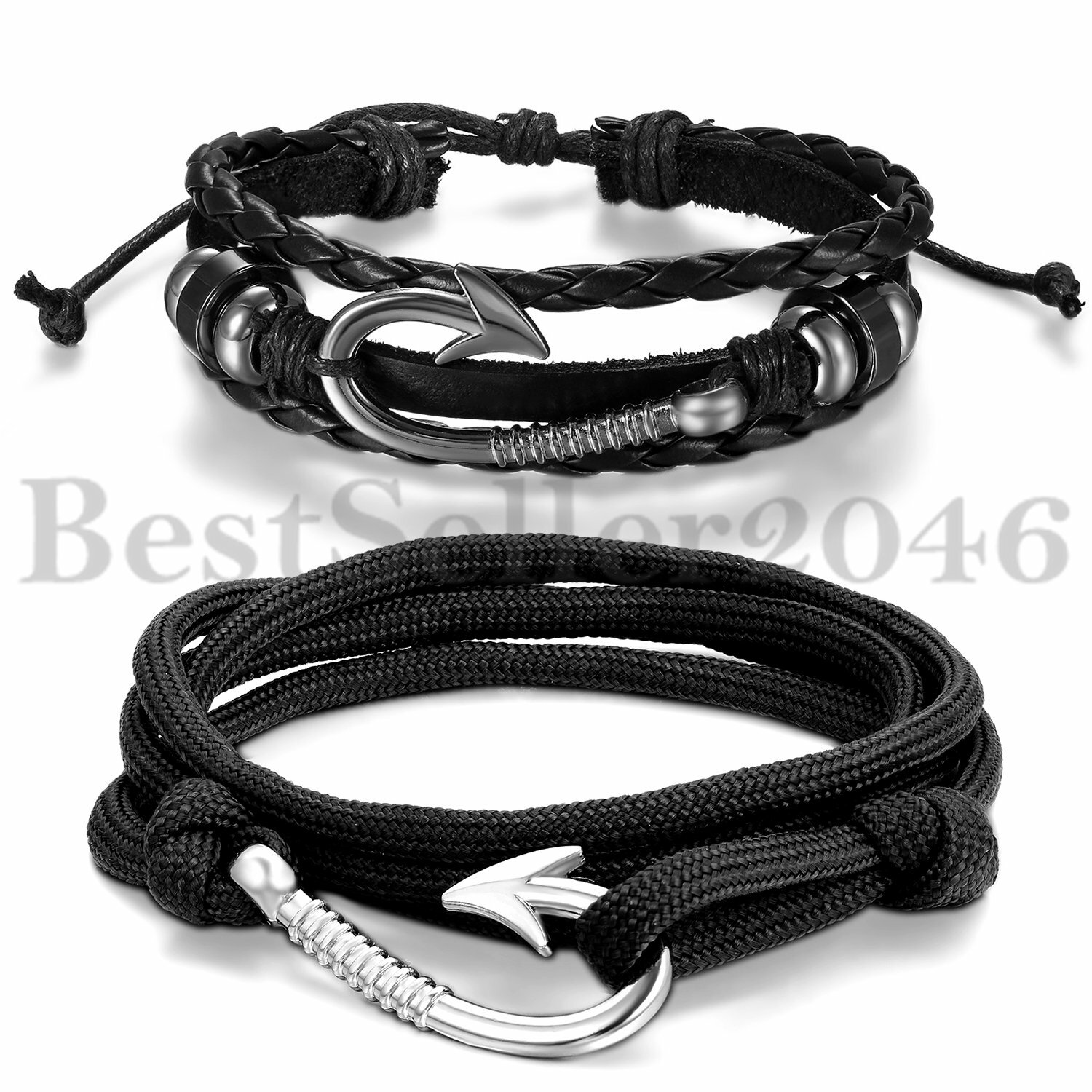 2pcs Nautical Fish Hook Bracelet Womens Mens Multilayer Leather Nylon Wristband