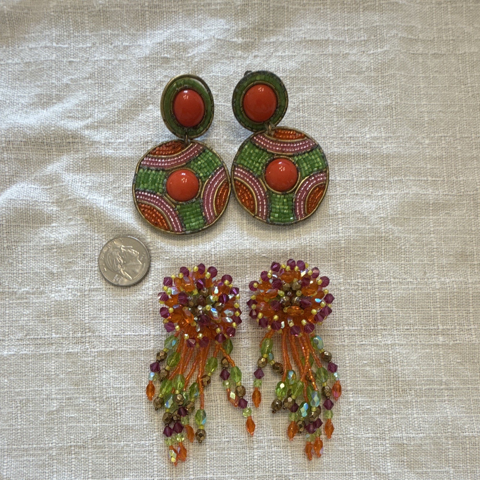 Lot of 2 Vintage Statement Clip-On Dangle Beaded Earrings Multicolor Good Cond