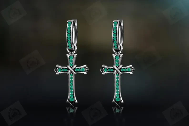 2 Ct Round Simulated Emerald Women Cross Drop Hoop Earring 14k White Gold Plated