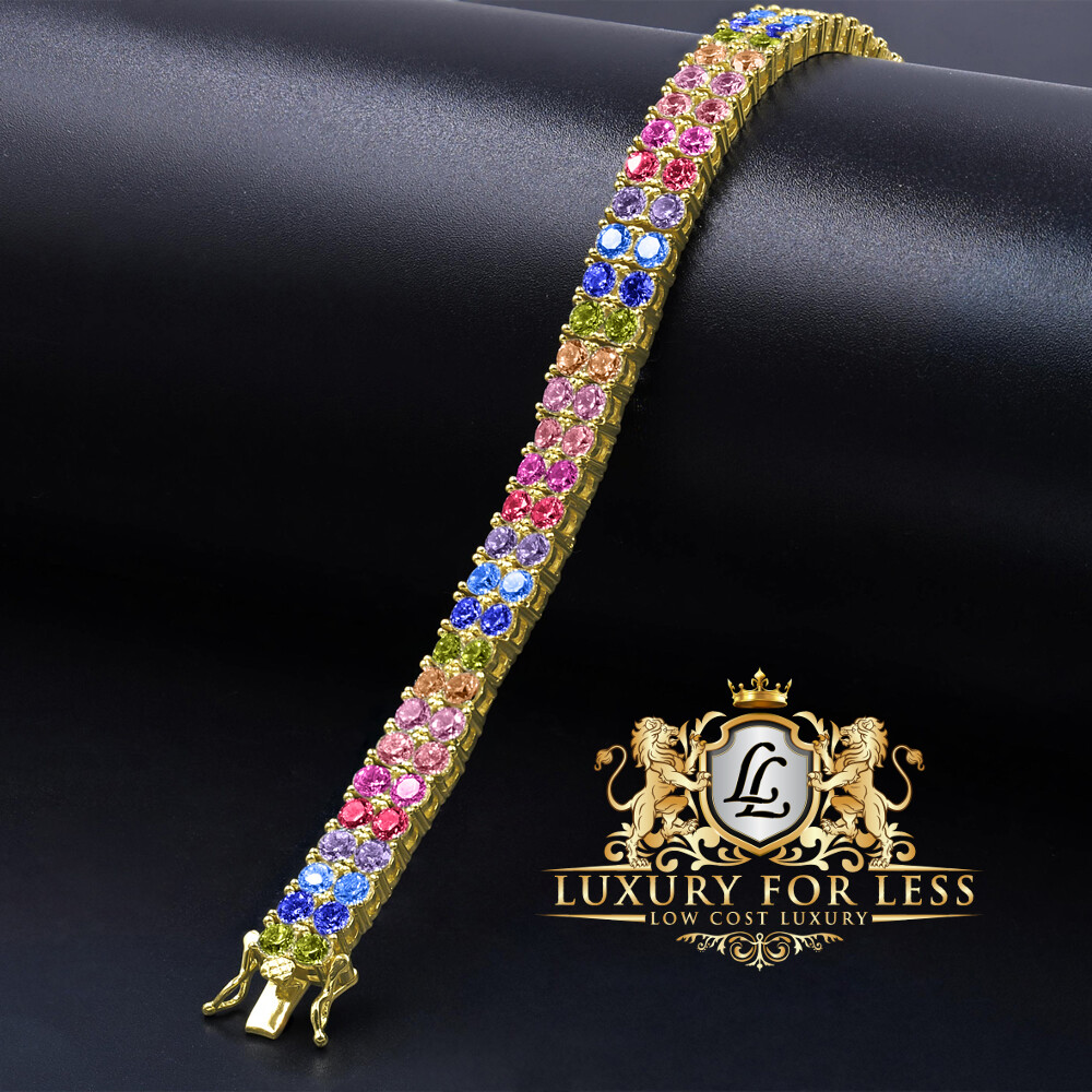 Rainbow Multi High Quality AAA+ Grade Simulated Diamond Gold Tone 2 Row Bracelet