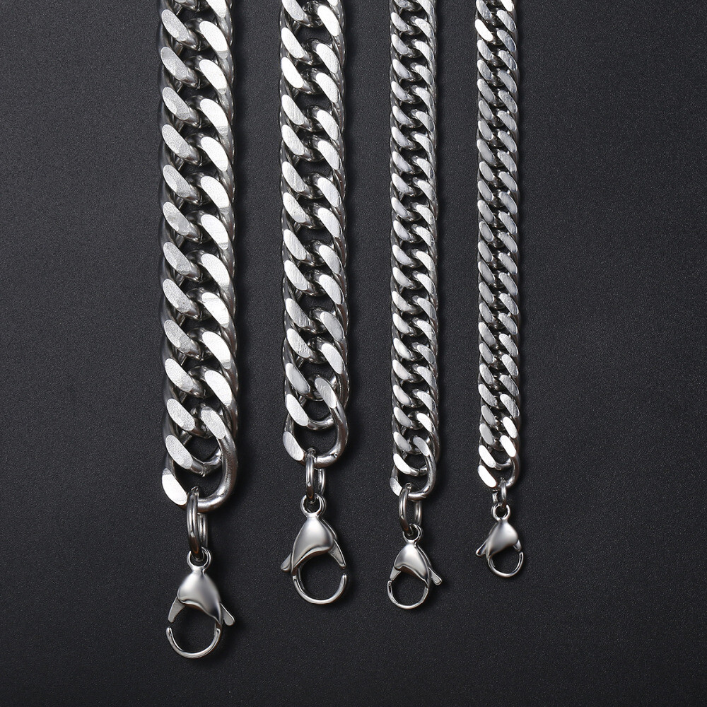 8-18mm Mens Stainless Steel Necklace Silver Color Curb Cuban Link Chain Necklace