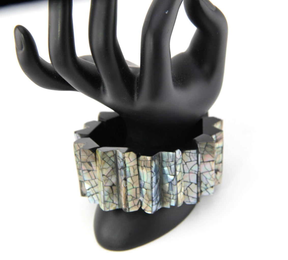 Abalon Mosaic Shell on Black Zig-Zag Shaped Resin Base Stretch Bracelet
