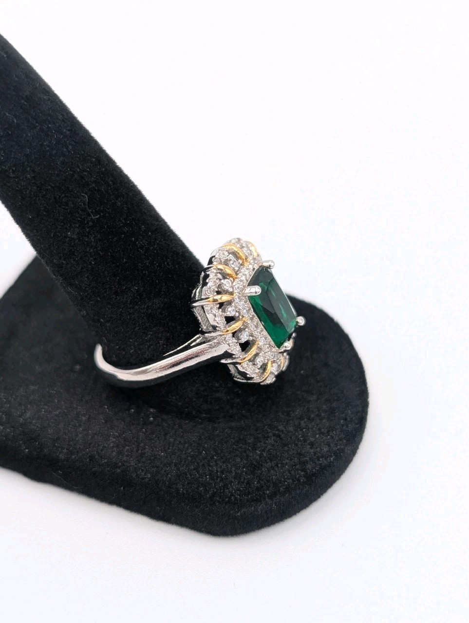 3.75 Carat Simulated Emerald Baguette CZ Halo Ring 14k Gold Plated Sterling 925