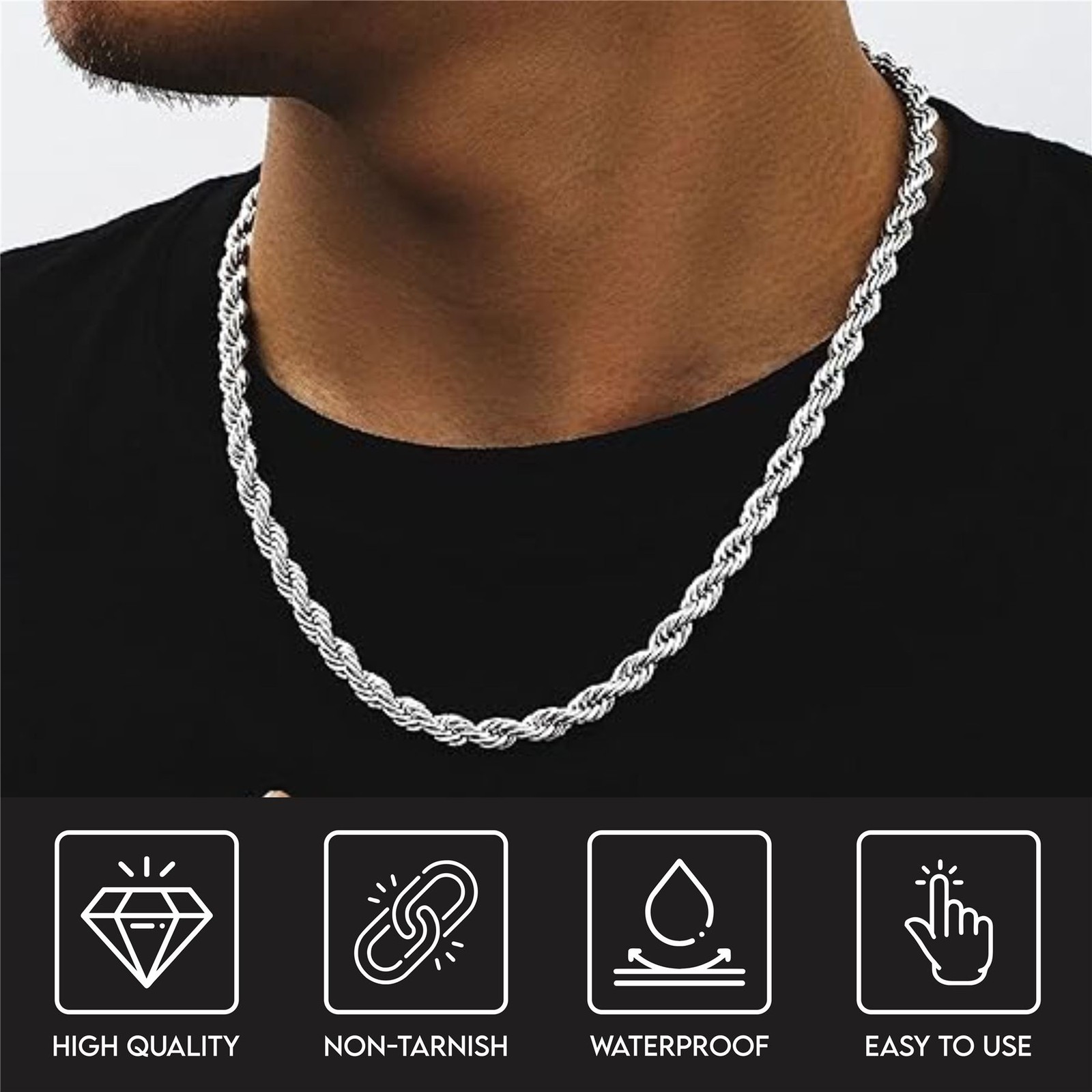 *UK* Black Stainless Steel 316L Mens Rope Twist Chain Necklace Link Chunky Boys
