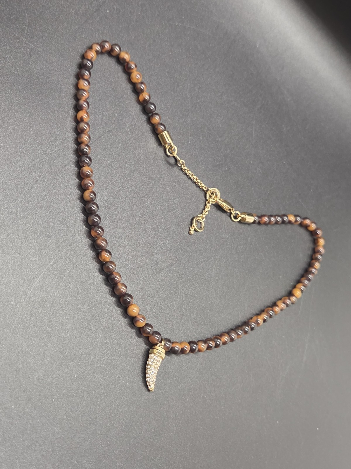 BaubleBar Tiger’s Eye Beaded Necklace Gold Tone Pavé Horn Crescent Pendant 18″