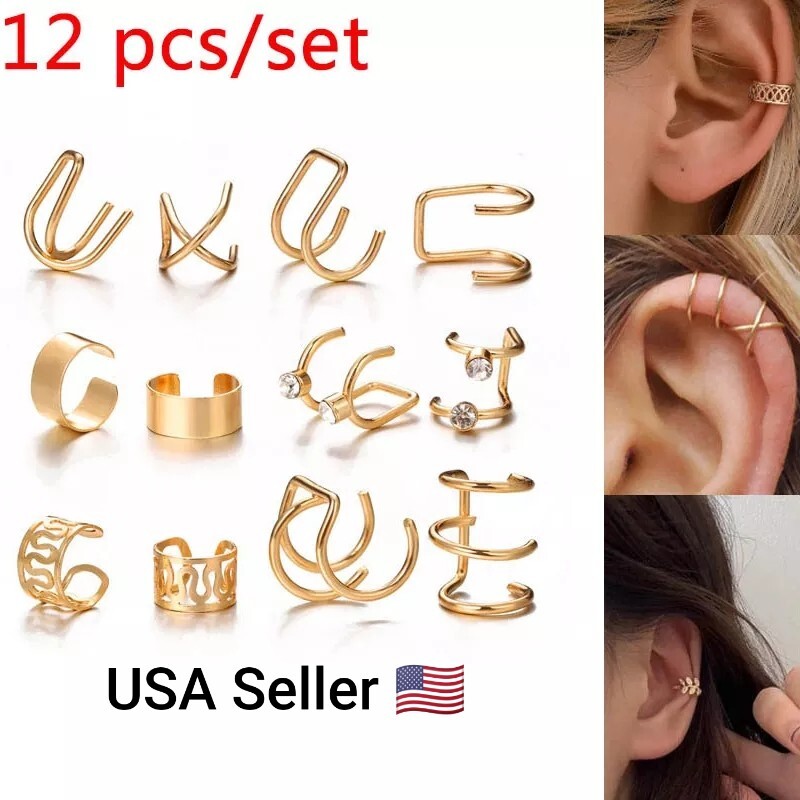 12 pcs/set Ear Cuff Women Cartilage Earrings Non-Piercing Ear Clips Crystal Clip