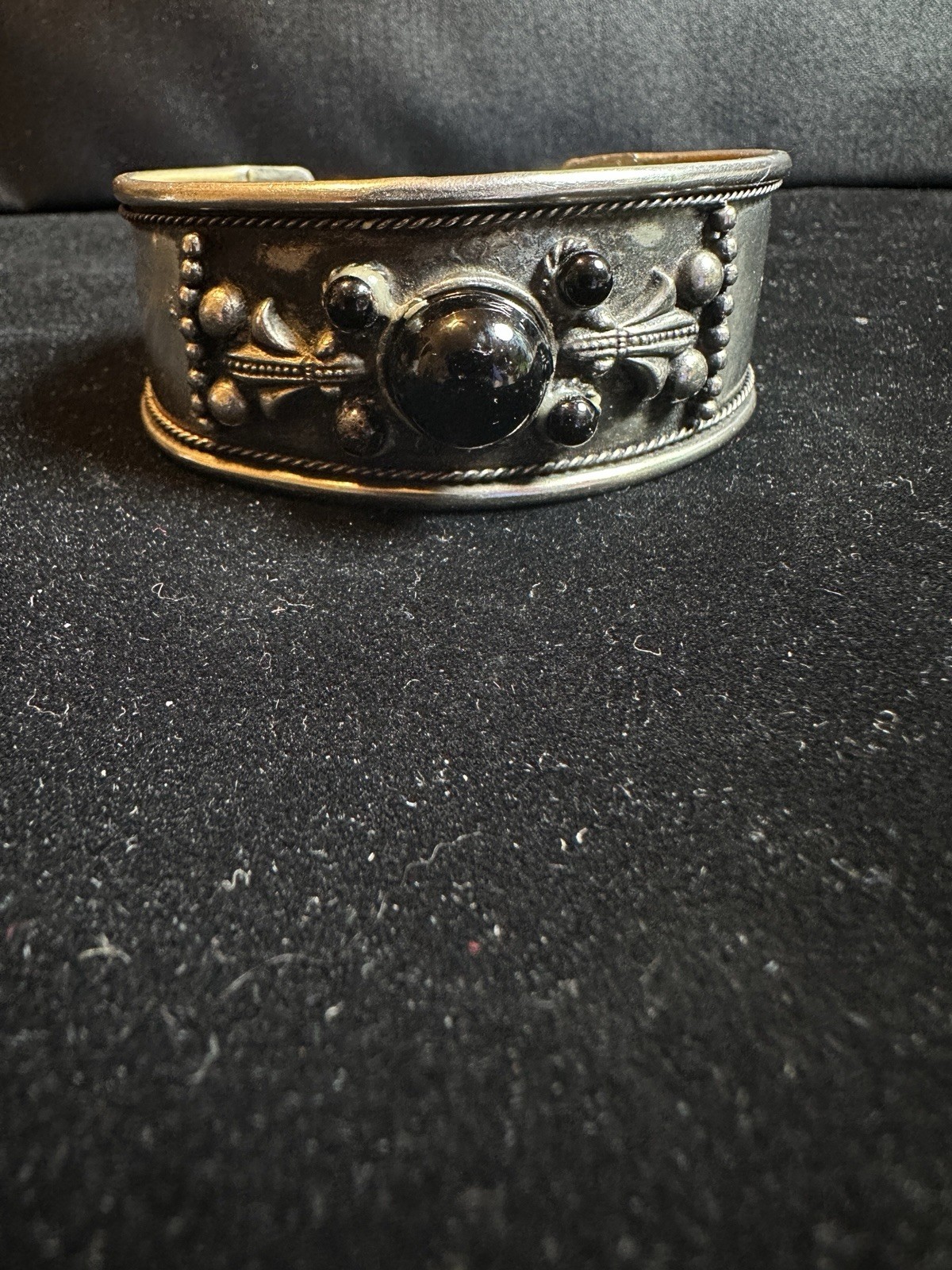 Silver Tone Bracelet 6.5 Cuff Black Glass Stones 1.8” Wide