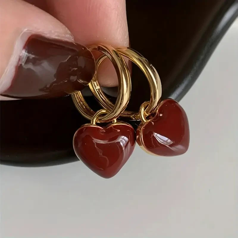 Elegant Red Heart Pendant Dangle Drop Earrings Golden Toned Valentine’s Day