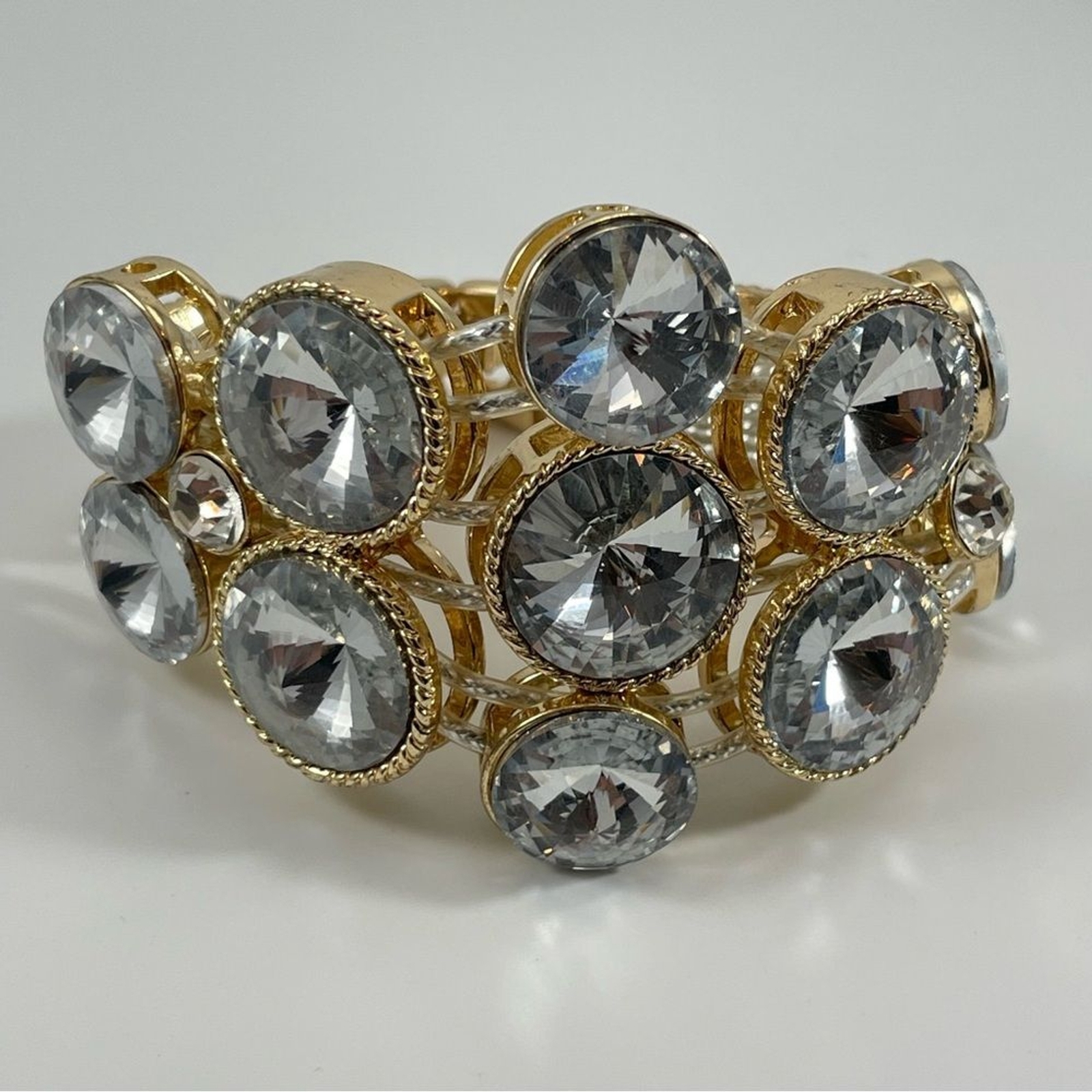 Gold Tone White Glass Rhinestones Statement Boho Bold Bracelet Chunky Stunning