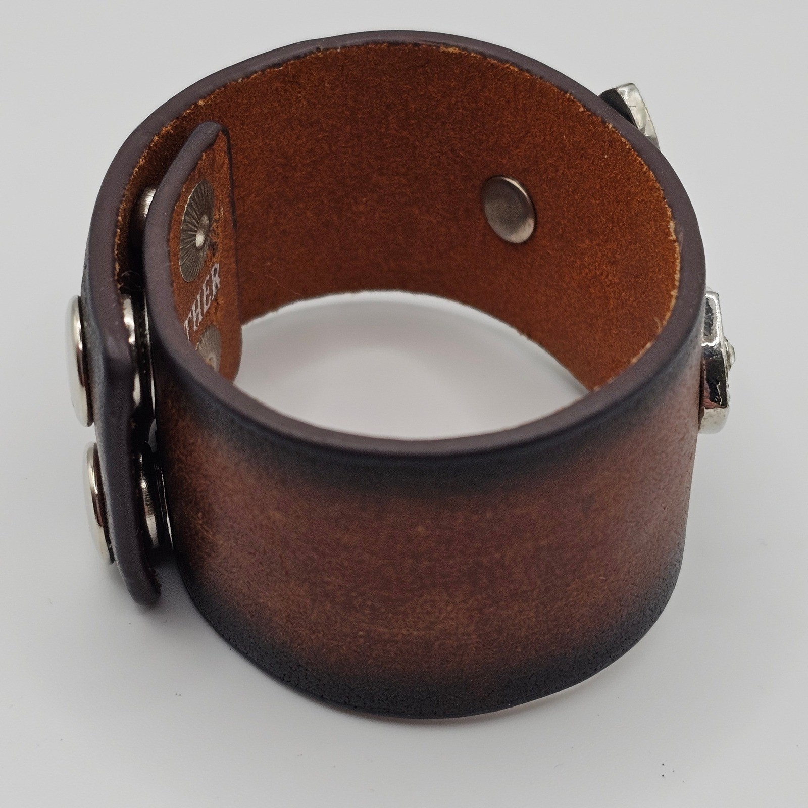 Brown Genuine Leather Cross Cuff Bracelet Rhinestone Western Y2K Statement Faith