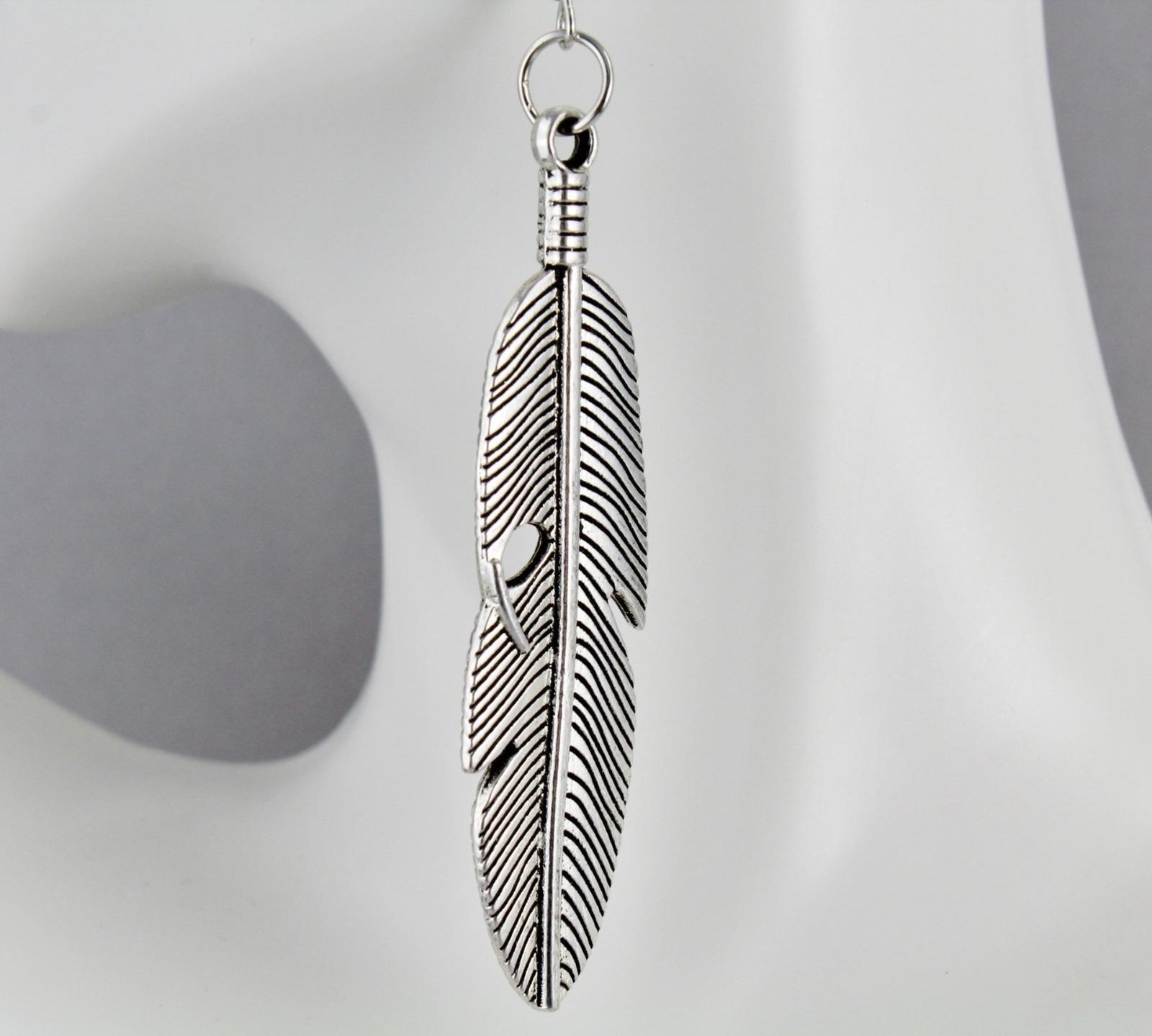 Silver feather earrings dangle metal feather textured 3.25″ long
