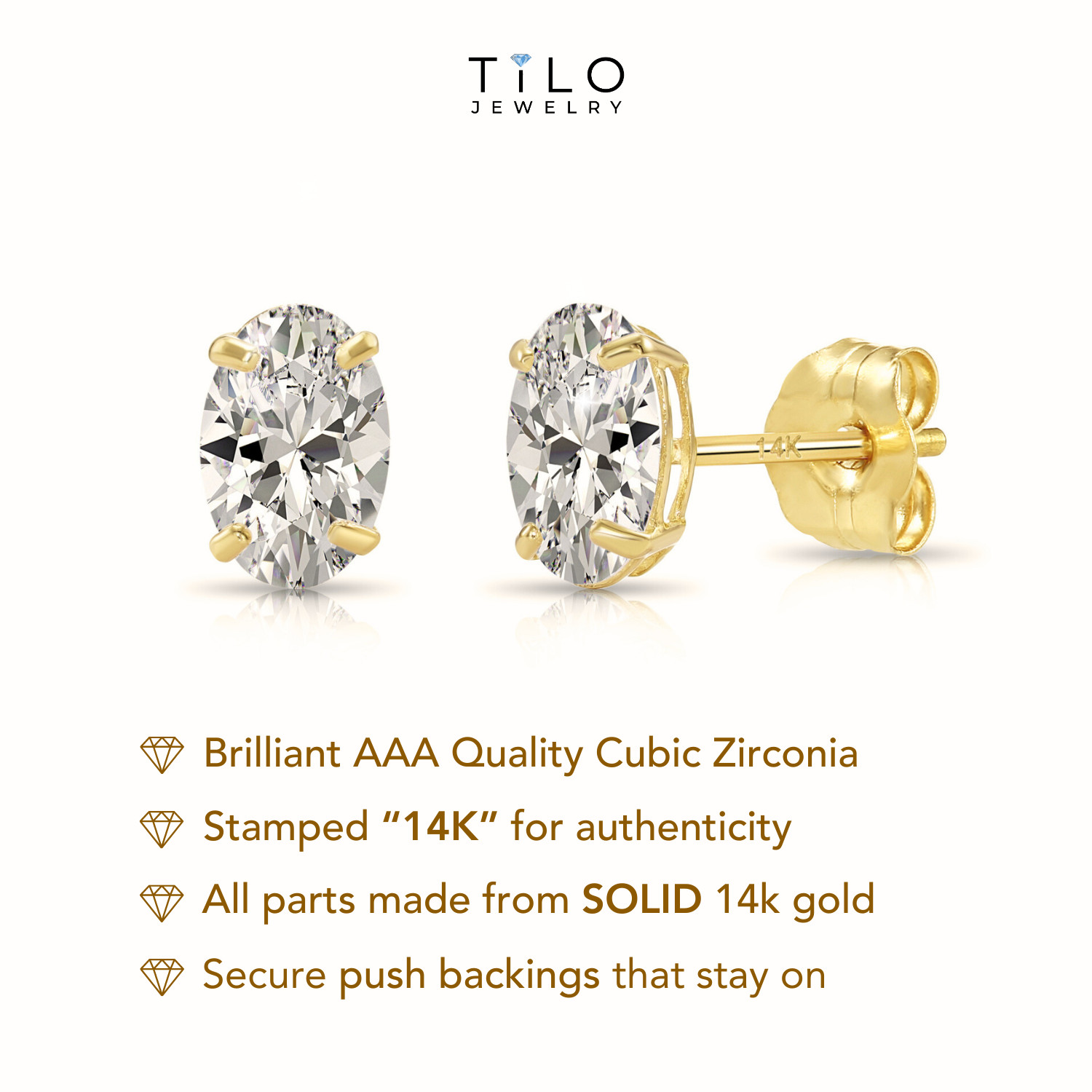 14K Real Solid Gold Solitaire Oval CZ Sleeper Studs Earrings Push-back 5mm 6mm
