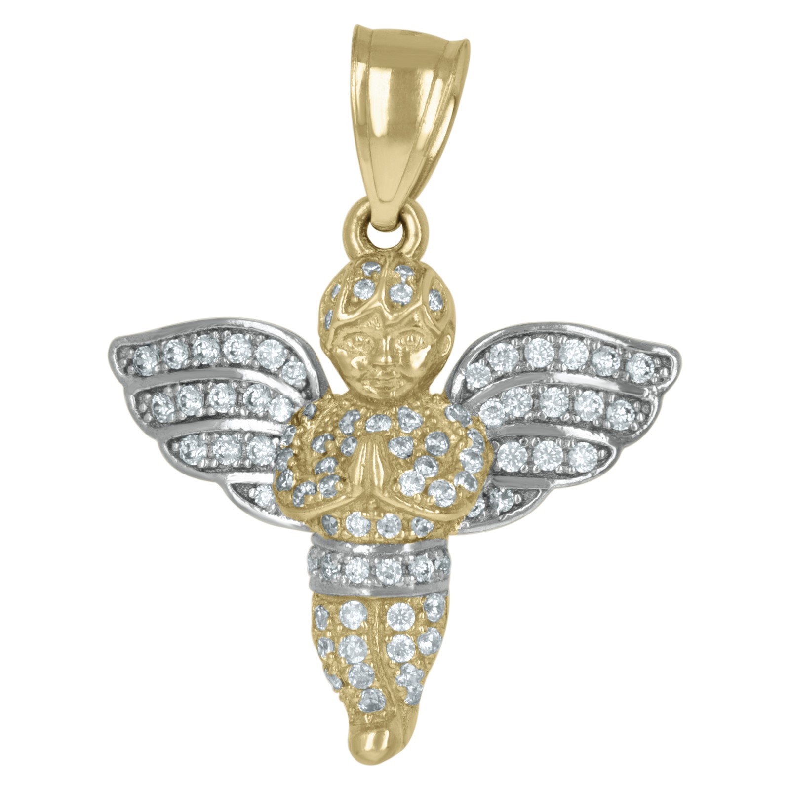10K Two Tone Gold Round CZ Unisex 1.15″ Religious Charm Praying Angel Pendant