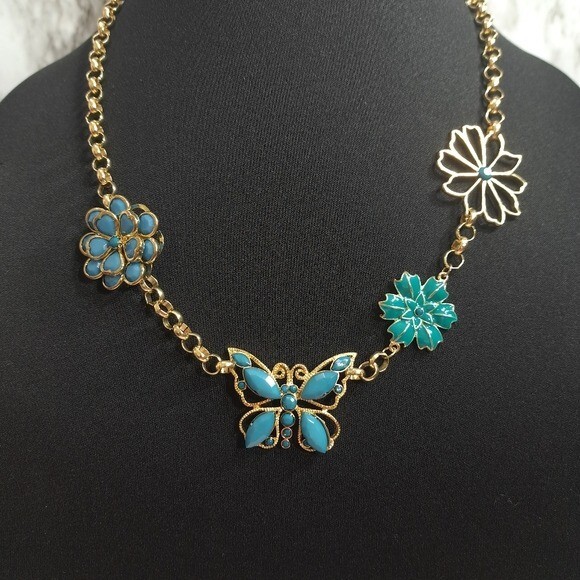 Women’s Necklace Gold Tone Turquoise Butterfly & Flower Designs 11.5 in + 3 in