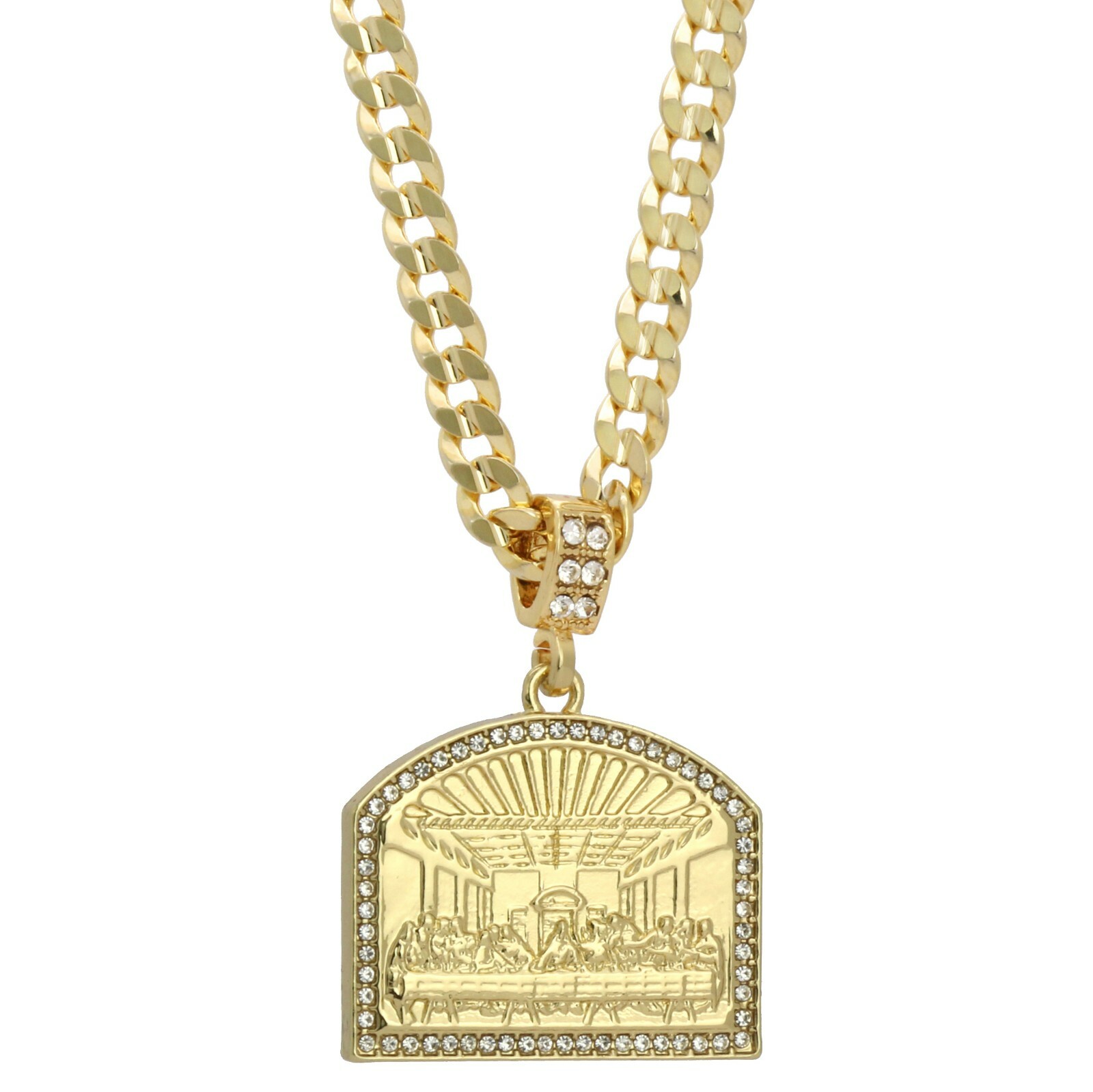 Mens 14k Gold Plated LAST SUPPER Pendant Cubic-Zirconia 24″ Cuban #98 Chain