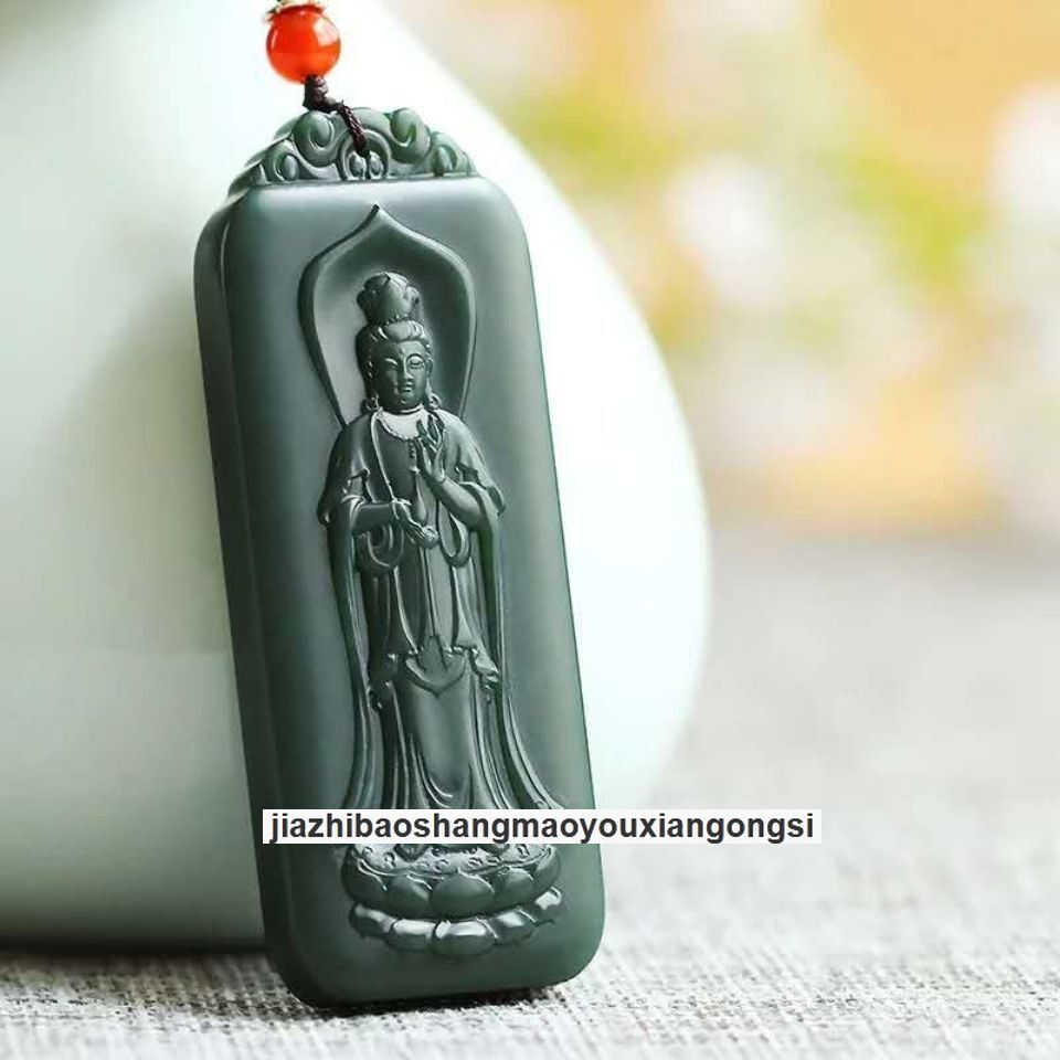 Certified Grade A Hotan Green Jasper Jade Kwan-yin GuanYin Buddha grave Pendant