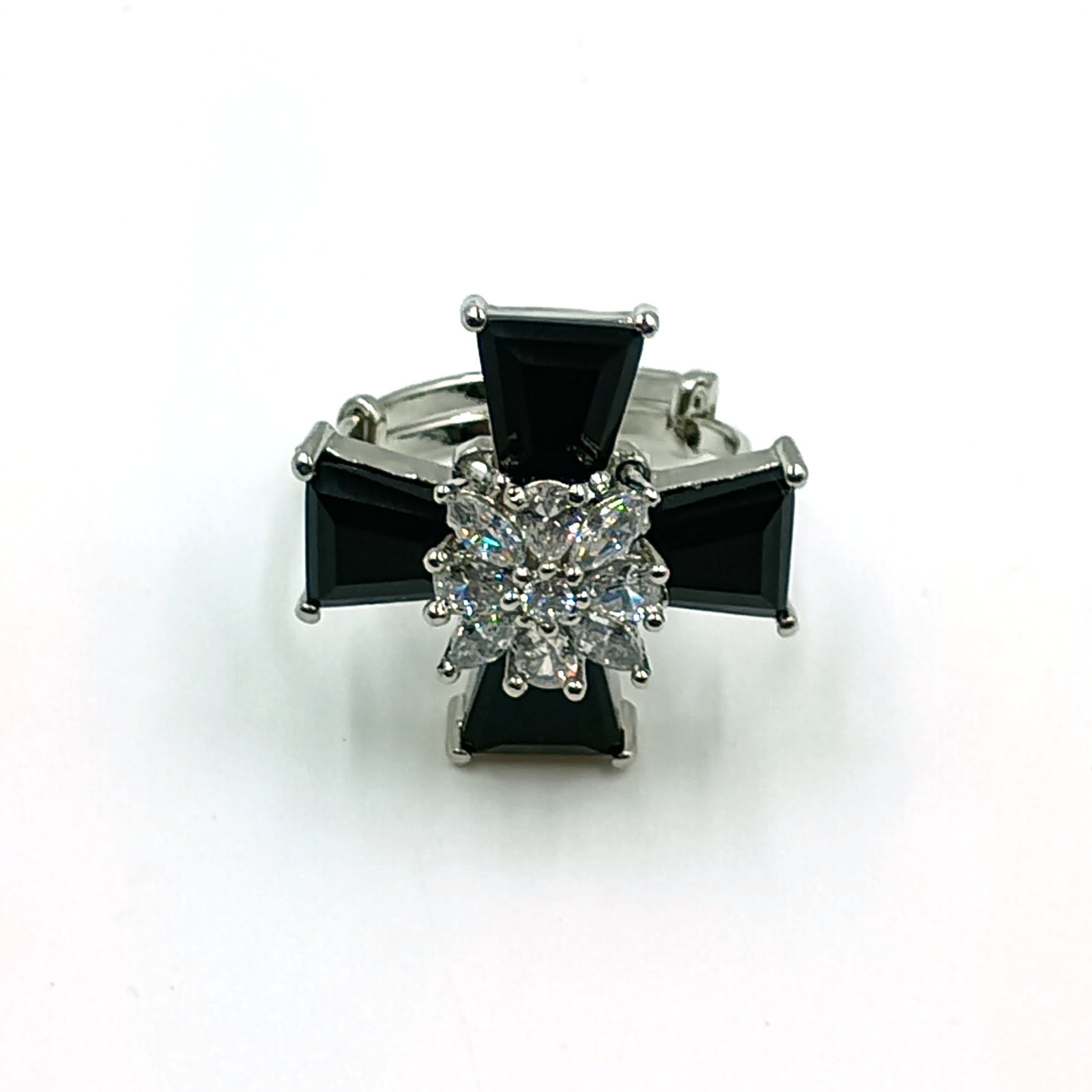 Black Stone CZ Cross Ring White Plated Adjustable Band Gothic Statement Jewelry
