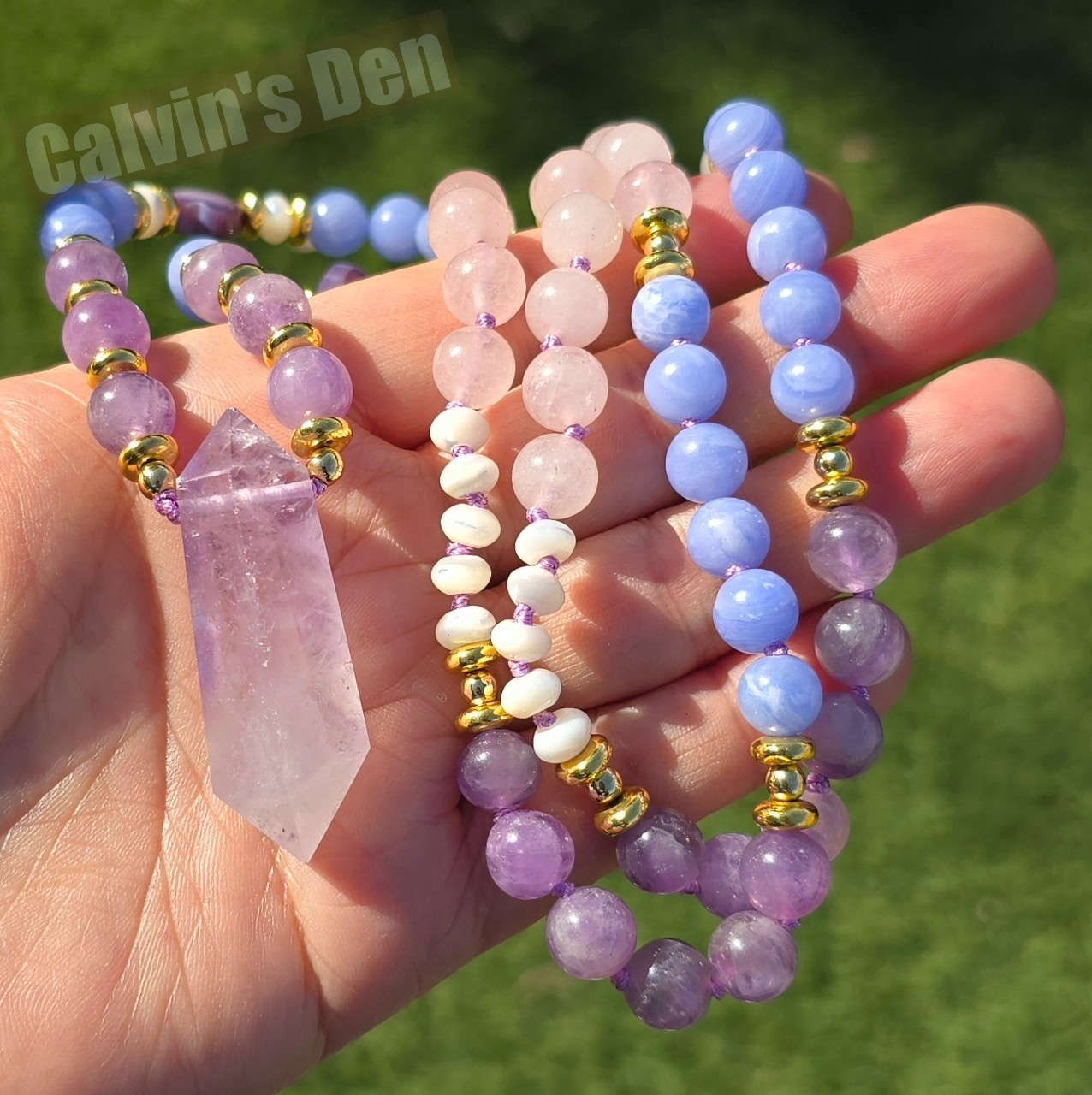 Amethyst Blue Lace Agate Rose Quartz Shell Bead Necklace + Crystal Point Pendant