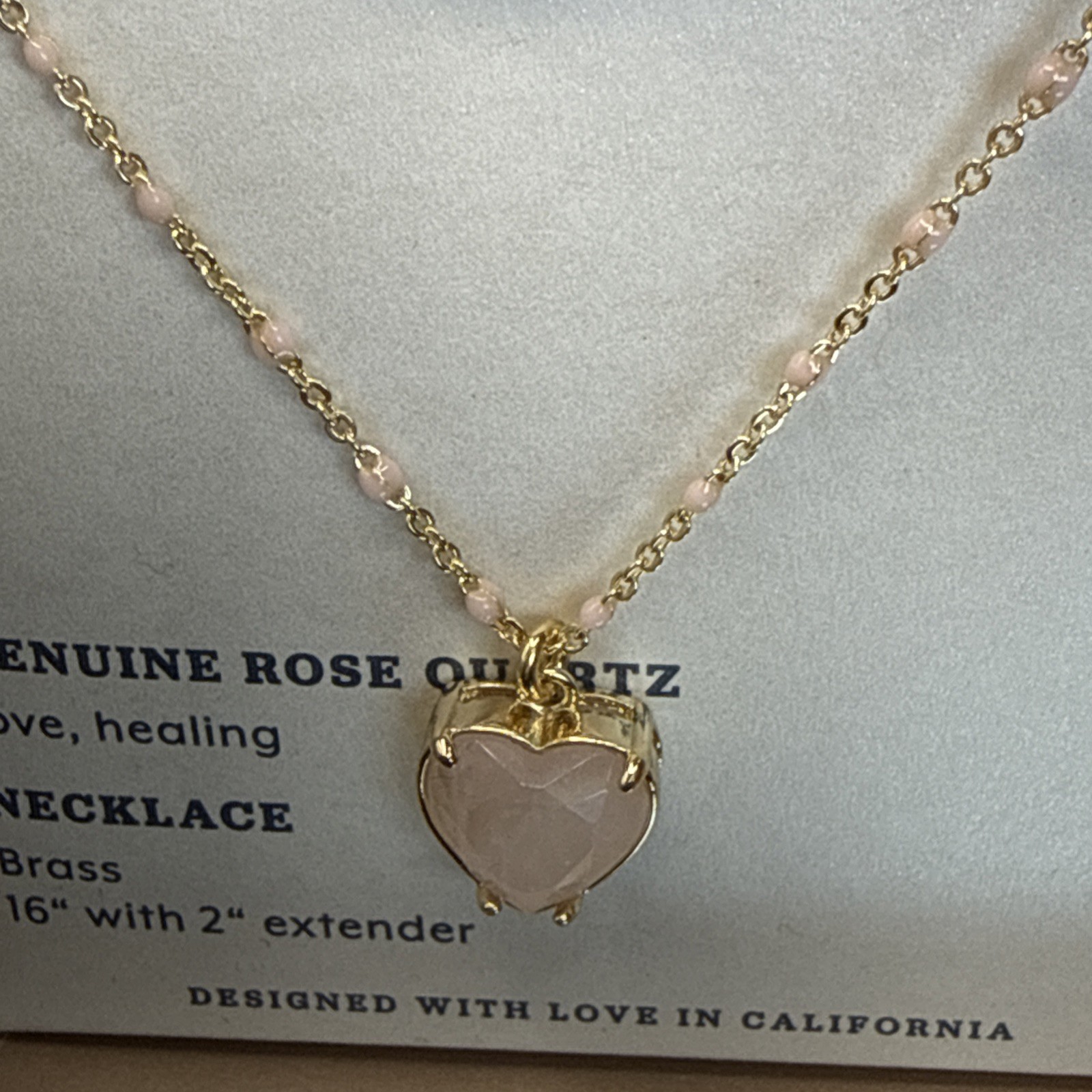 Luna Norte Genuine Rose Quartz “Heart Of Gold” Pendant Necklace 16” +2” BNIB