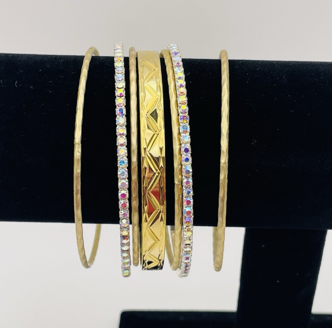 Gold And Silver Tone 7 Stackable Bangle Bracelets AB Rhinestones Engraved