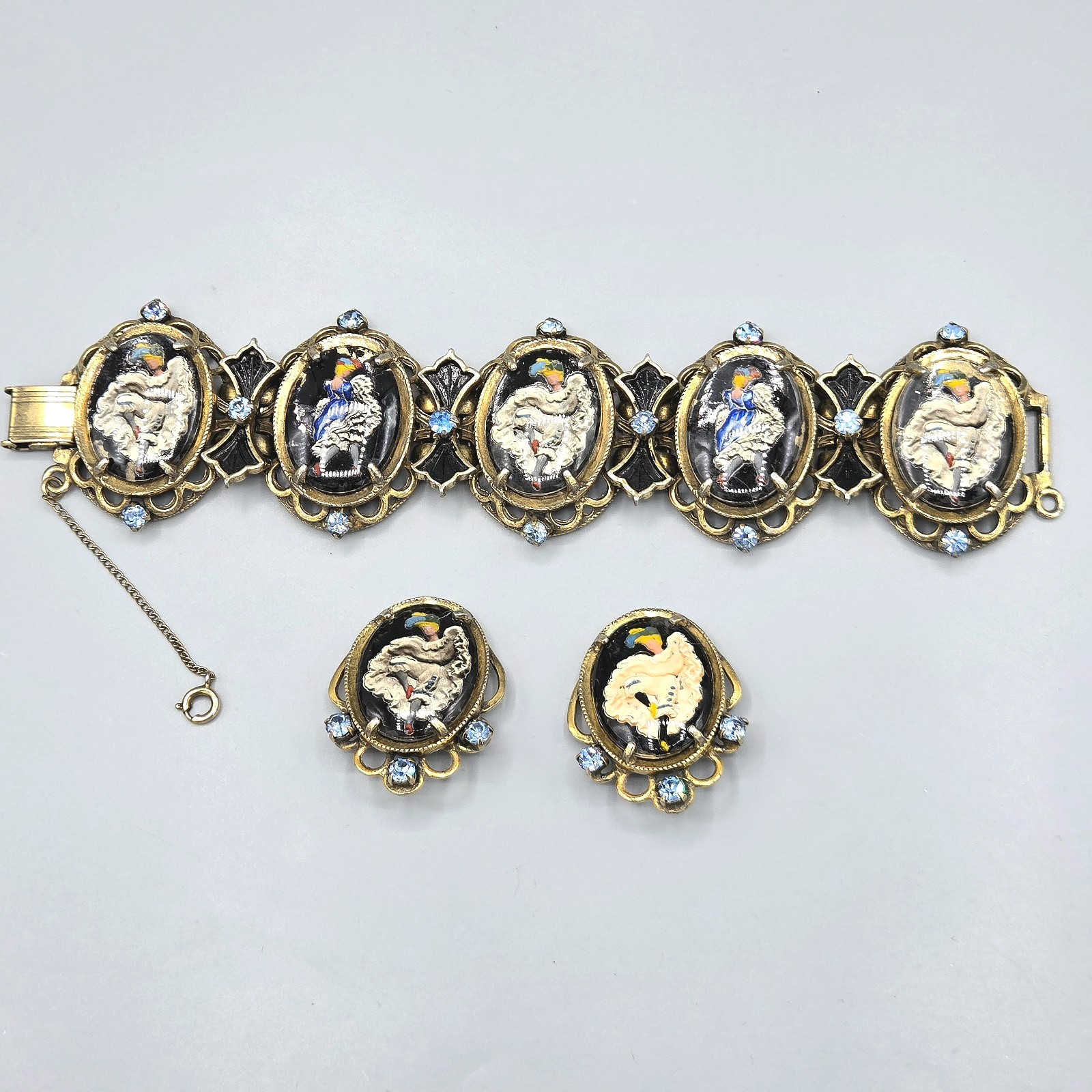 Vintage Can-Can Dancer Intaglio Reverse Paint Glass Panel Link Bracelet Earrings